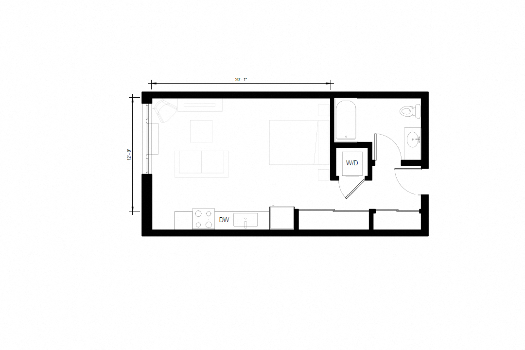 Floor plan for studio, 1 bath, 495 sqft